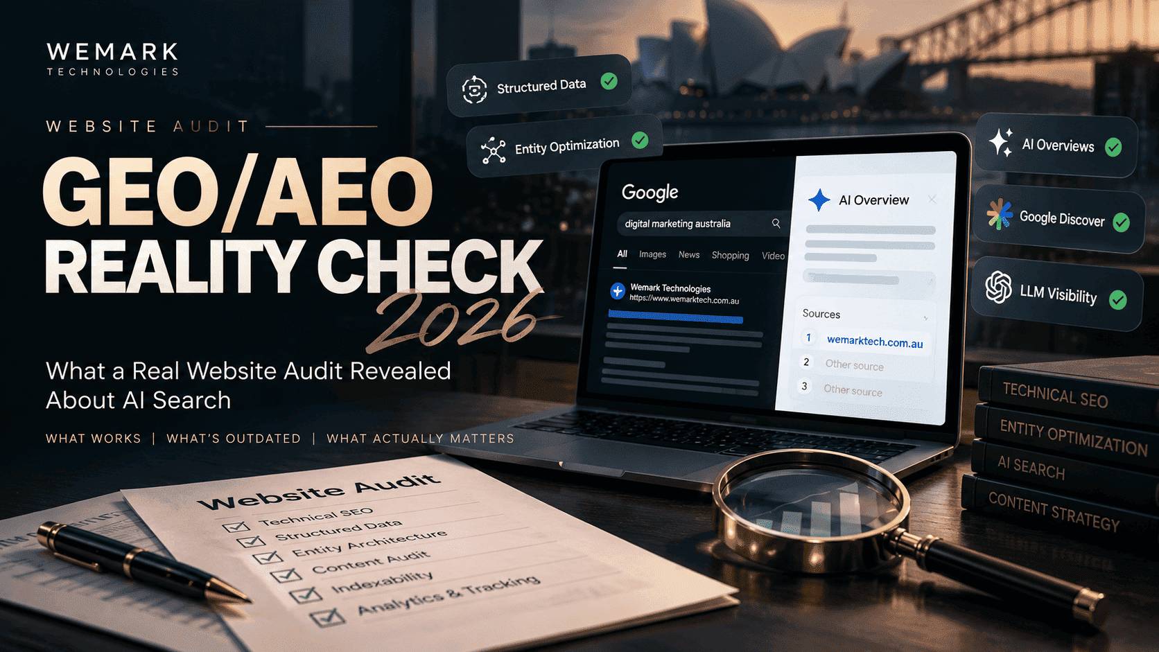 2026 GEO and AEO website audit showing AI search, structured data, entity optimisation and AI Overviews