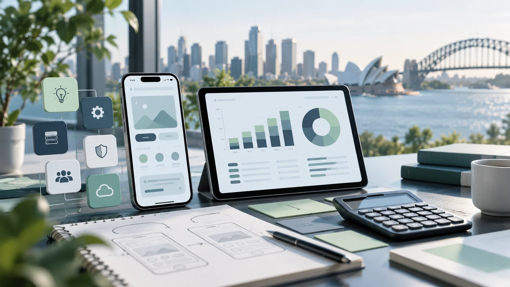 Mobile app planning workspace with cost estimates, feature priorities, platform icons and a budget breakdown.