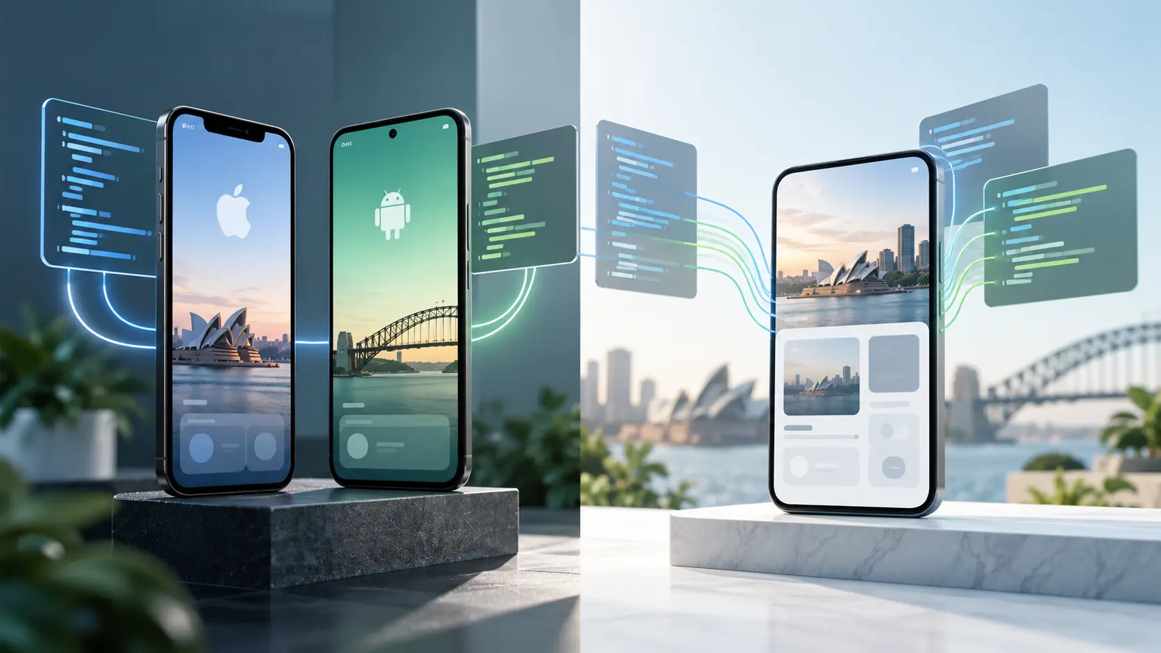 Conceptual comparison of native iOS and Android development with a shared cross-platform mobile app codebase.