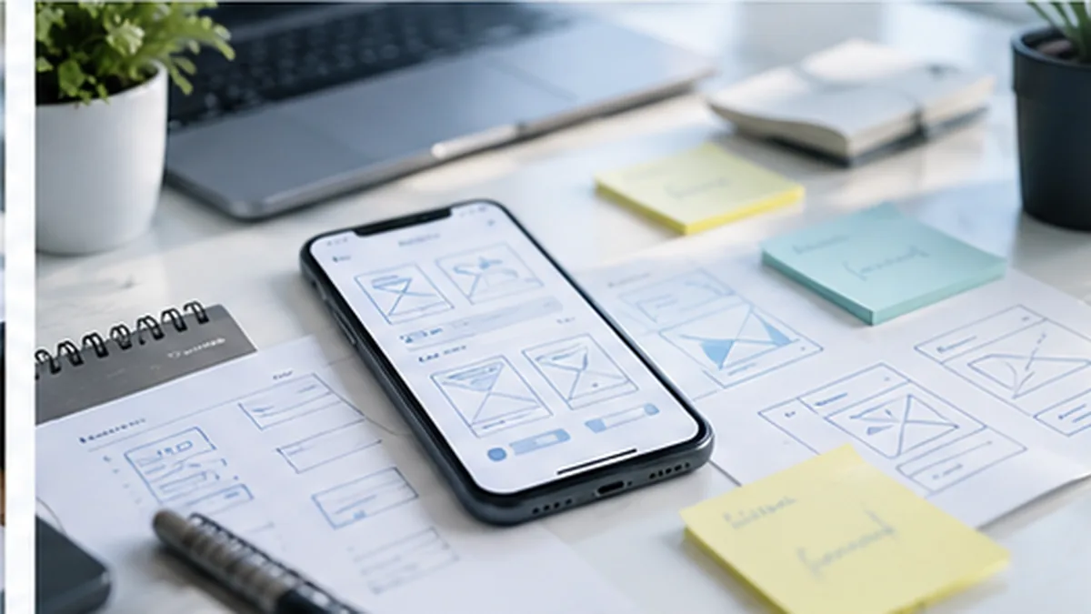 Business team planning a mobile app MVP with user journey sketches, feature priorities and a launch checklist.