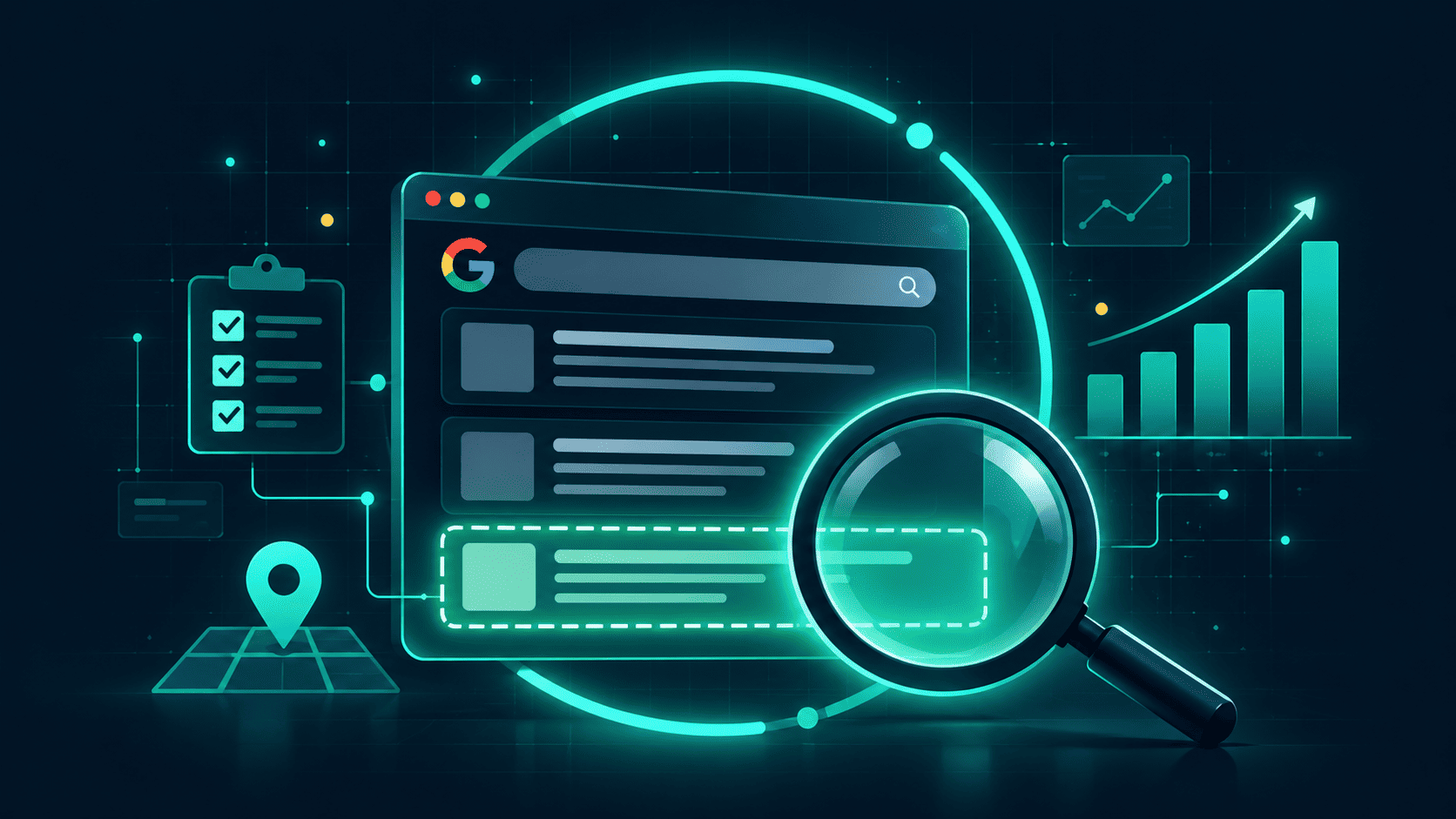 Search results page with an empty slot where a business listing should be, being inspected by a magnifying glass.
